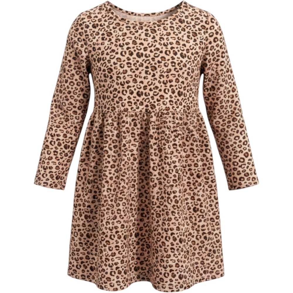 Cat & Jack Leopard Print Dress Toddler Girls 5T Tan Brown Long Sleeve Jersey